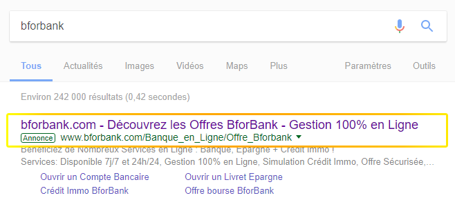 BforBank utilise Google Adwords pour capter du trafic sur ces pages de ventes en testing A/B