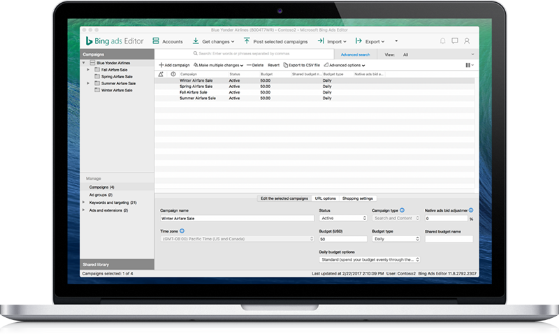 Aperçu de Microsoft Bing Ads Editor sur Mac