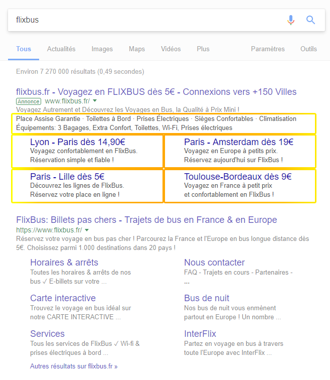 FlixBus utilise les extensions disponibles dans Google Adwords pour mettre en avant ses offres et les rendre visibles